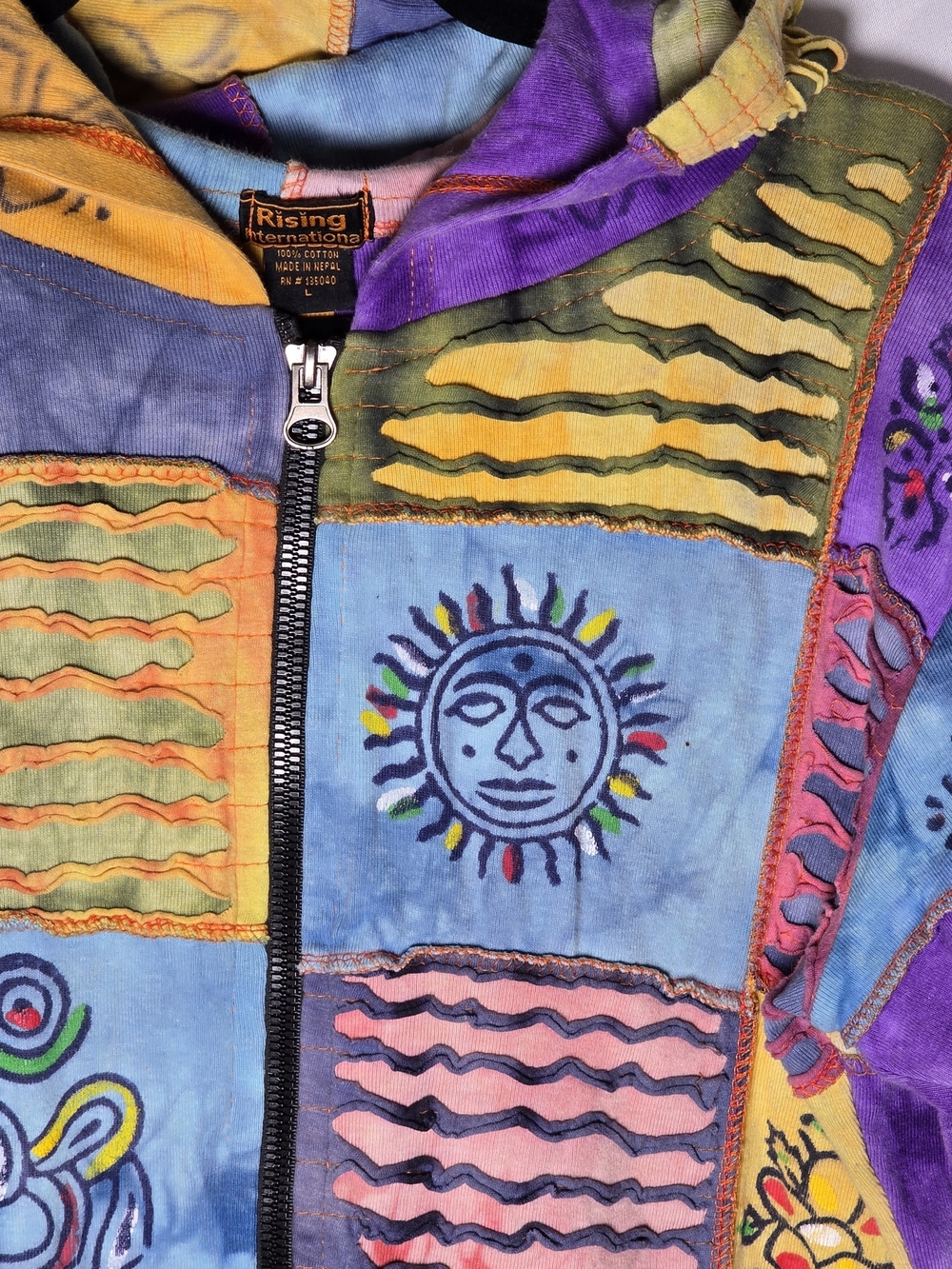 Rising International Patchwork Multicolor Hooded Jacket Boho Sun & Spiral Motif - Picture 4 of 7